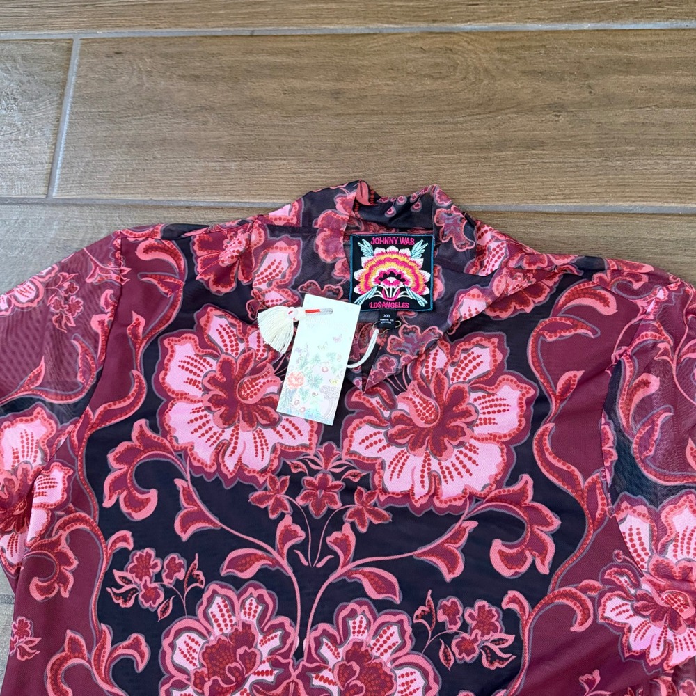 Johnny Was Brandi Kimono Sleeve Shirt XXL Pink Floral Mesh Mock Neck J16725-8
